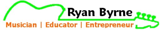 Logo for Ryan Byrne (Neon Green outline of bass guitar with the words "Ryan Byrne" above the guitar neck and the words "Musician - Educator - Entrepreneur" under the guitar neck.